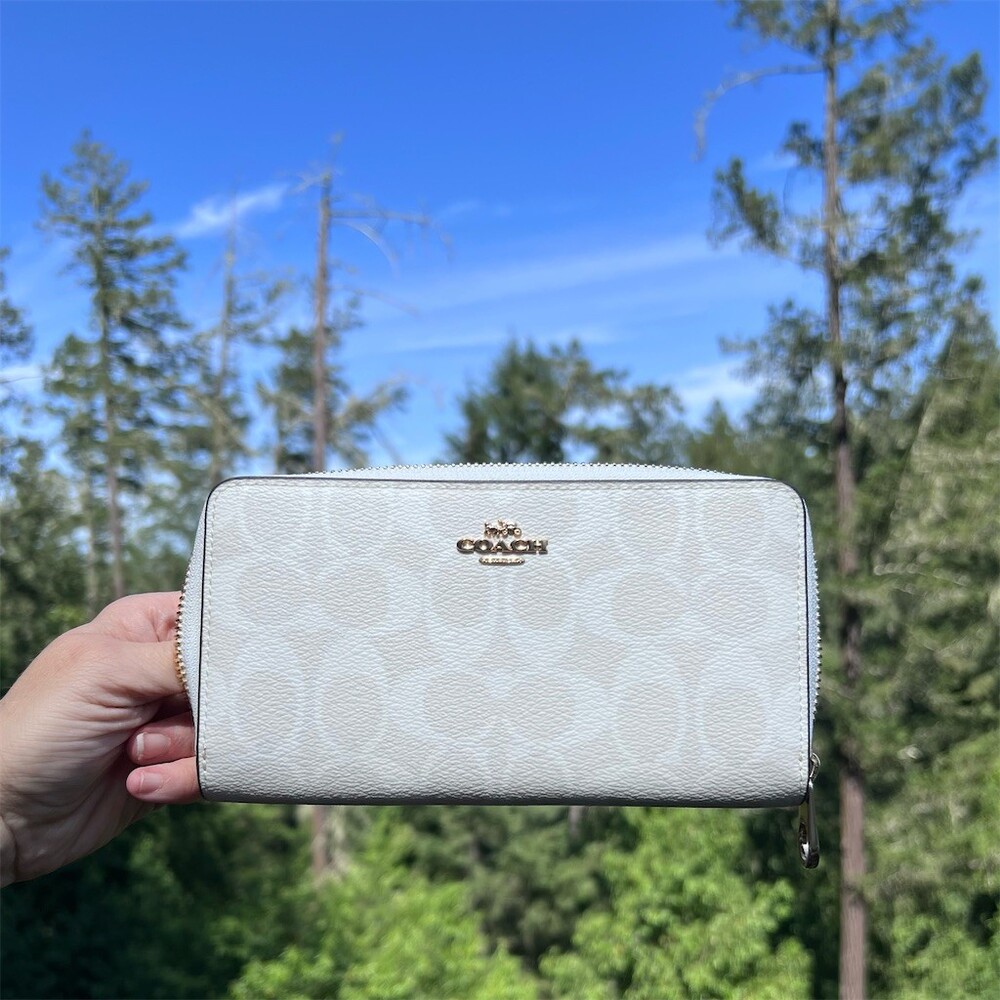 COACH Long Zip-Around Wallet Chalk White Signature Canvas Gold Hardware AUTHENTC